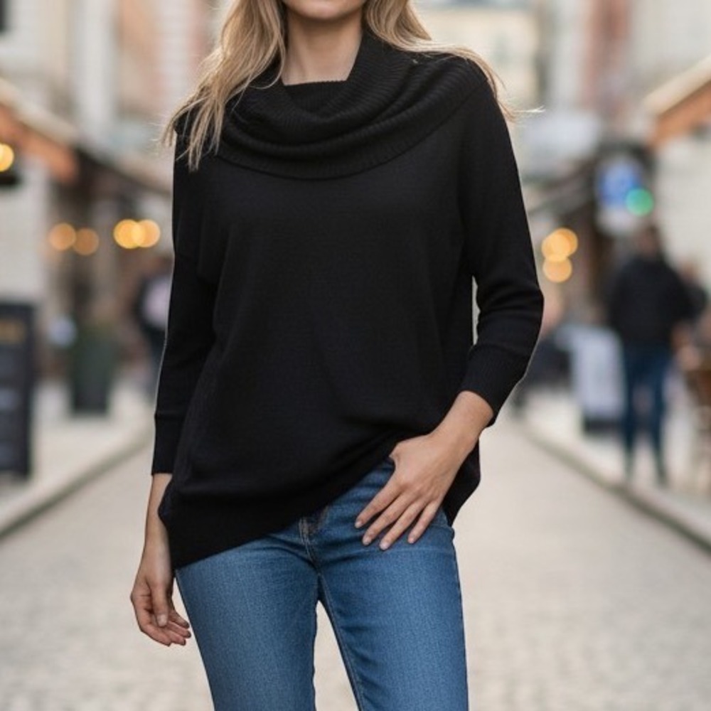 New York & Company Black Cowl Neck Tunic Sweater XXL Pockets Cotton Blend